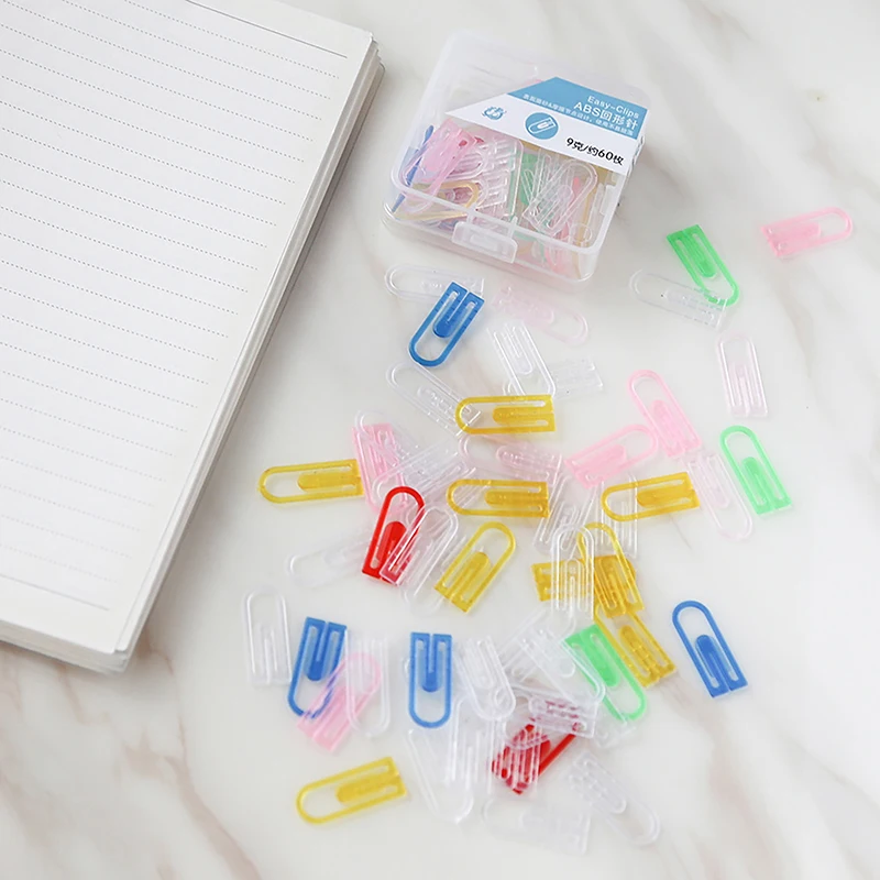 

60pcs/box ABS Colorful Mini Paper Clips Kawaii Stationery Candy Color Clear Binder Clips Photos Tickets Notes Letter Paper Clip