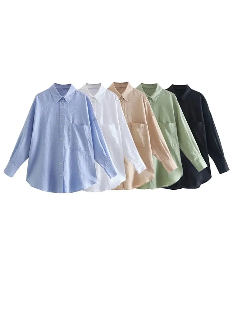 

Huaxiafan Women Fashion With Pocket Oversized Linen Shirts Vintage Long Sleeve Button-up Female Blouses Blusas Chic Tops