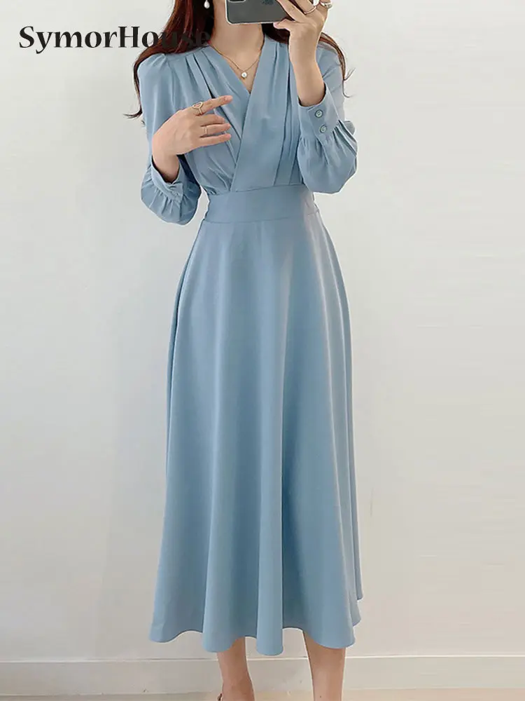 

Платье женское средней длины с V-образным вырезом и высокой талией