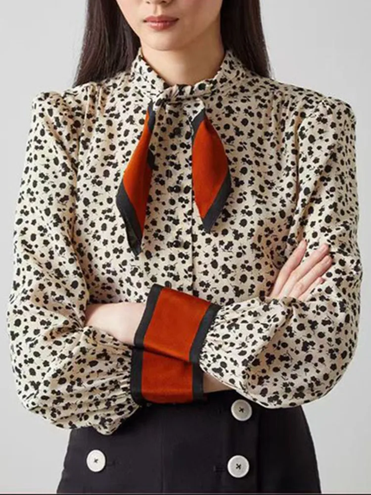 

Women Floral Print Silk Bow Tie Collar Blouse Color Stitching Ladies Long Sleeve Elegant Single-Breasted Shirt and Top