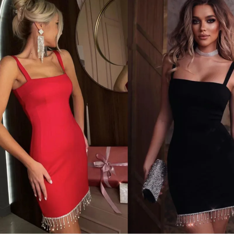 

HIgh Quality Black Red Women Sleeveless Bodycon Diamond Tassels Bodycon Spaghetti Strap Bandage Fashion Nightclub Party Dress