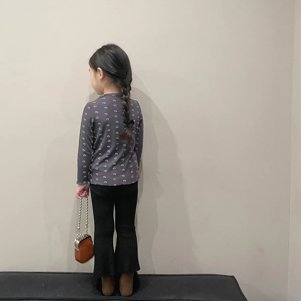 RiniLucia Girls Floral Bottoming Shirt All-match Korean Version O-neck Long Sleeve Ruffle T-shirt Autumn New BlouseTops