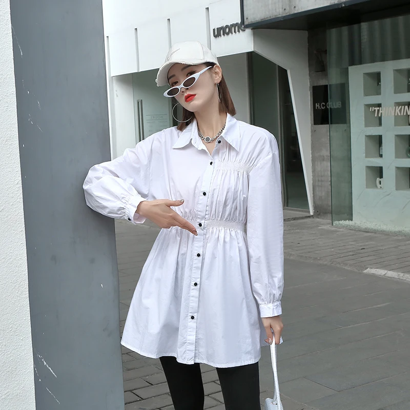 

211204 Spring Summer Long Sleeve Shirt Dress Women Button Up Ruched Blouse Dress Streetwear Oversized Loose Casual Dress Robe Fe