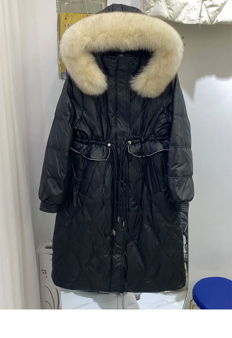 2022 Luxury Women's Winter Duck Down Overcoat with Large Fox Fur Hooded Windbreaker Outerwear for Lady Female Khaki Black Cream