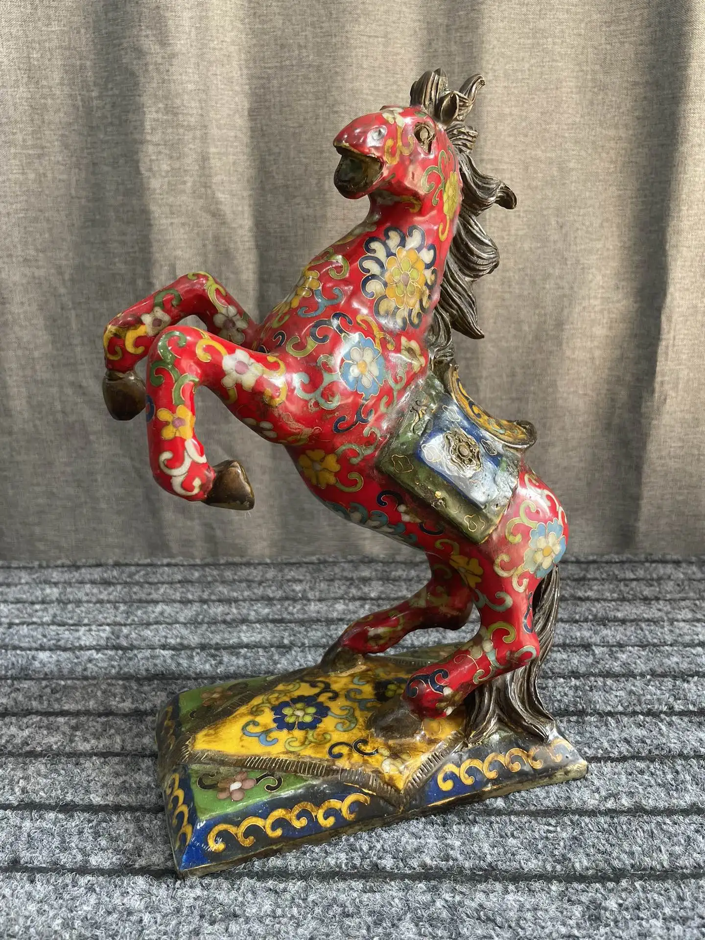 

11"Tibetan Temple Collection Old Bronze Cloisonne Enamel Amass Wealth Horse Statue Galloping Horse win instant success Ornaments