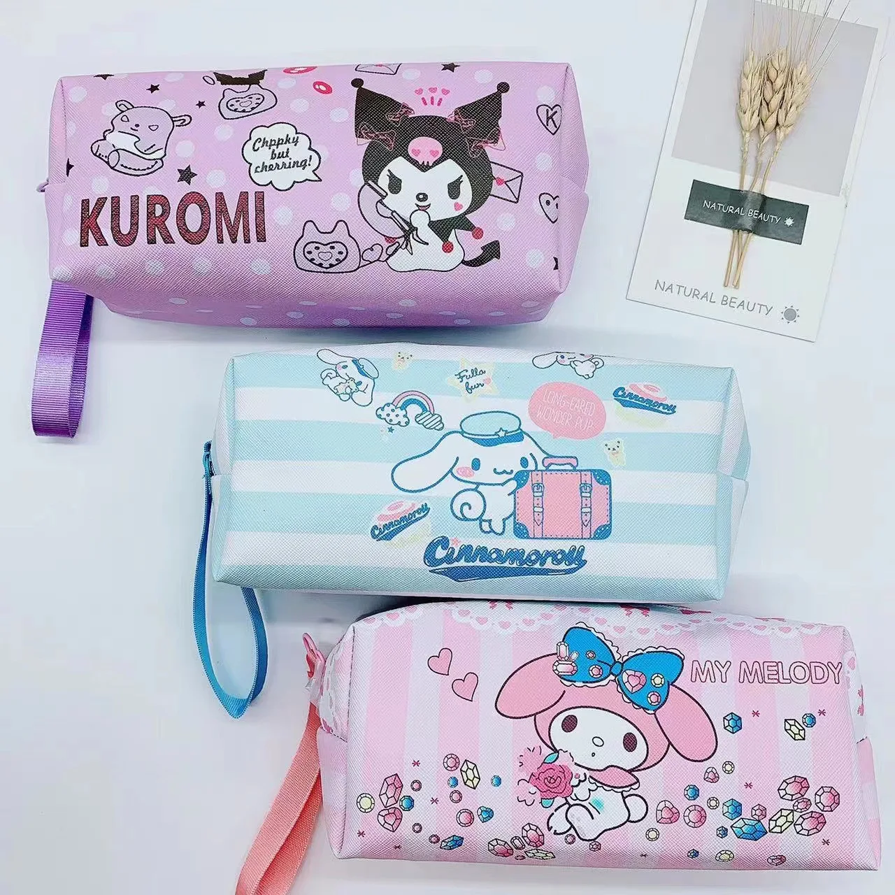 

Japanese Cartoon Sanrio Kuromi Cinnamorll My Melody Cute Girl Simple Pu Wrist Pencil Bag Student Stationery Leather Storage Bag