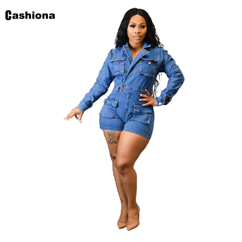 

2022 Autumn Fashion Jeans Demin Playsuits Women Short Denim Jumpsuit Stand Pockets Jean Trouser Lepal Collar Slim Demin Overalls