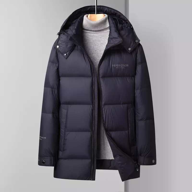 Fashion Casual Hooded White Duck Down Coat Male Brand Clothing Winter Men's  Mid-length Warm Down Jacket