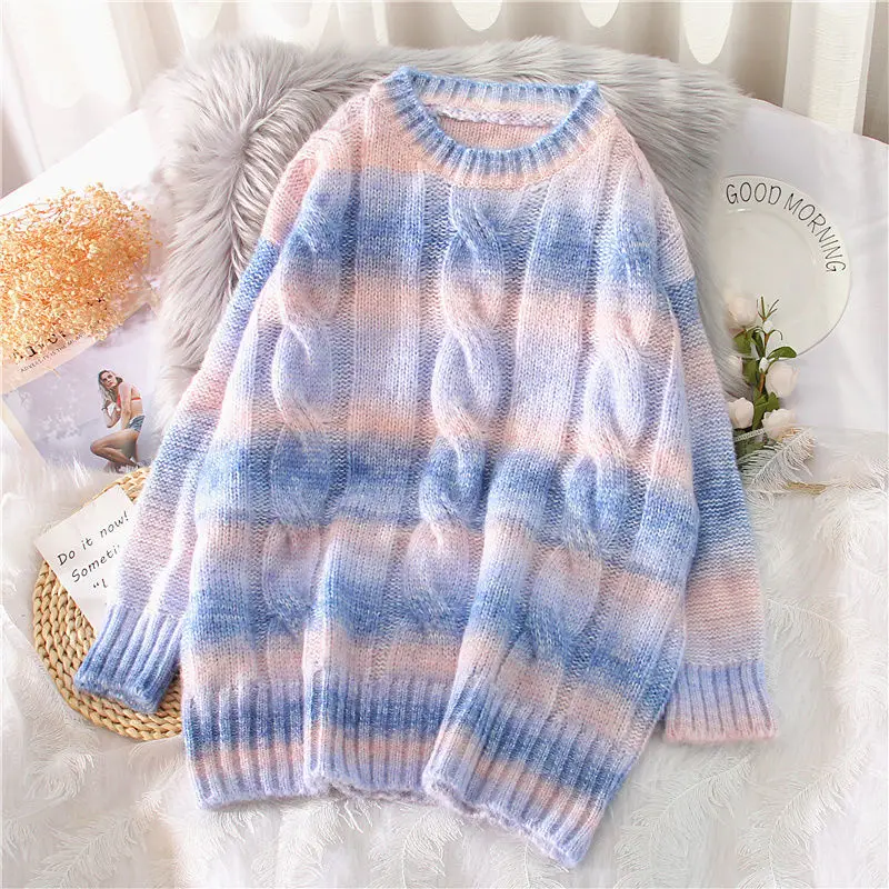 

Women Rainbow Sweater Sweet Tie Dye Pullover Fall Winter O-Neck Long Loose Striped Korean Jumper Candy Color Female Top