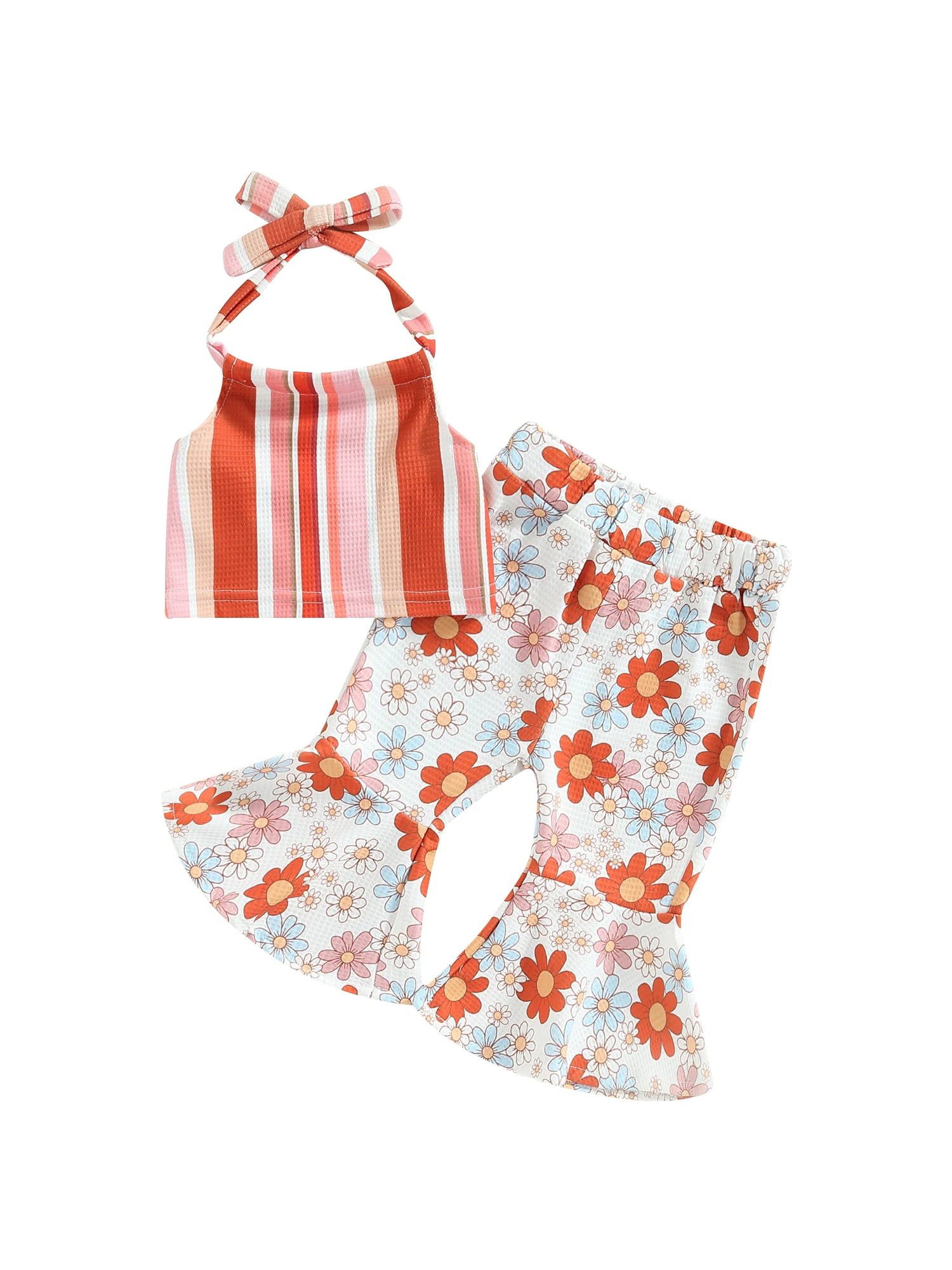 

Летняя одежда для маленьких девочек, топы в полоску с рисунком подсолнуха, повязка на голову с колокольчиками, наряды для маленьких детей