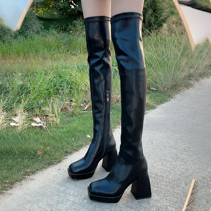 

High Heels Women Shoes Over The Knee Chelsea Boots Chunky 2024 Winter Brand New Trend Goth Motorcycle Boots Pumps Femme Botas