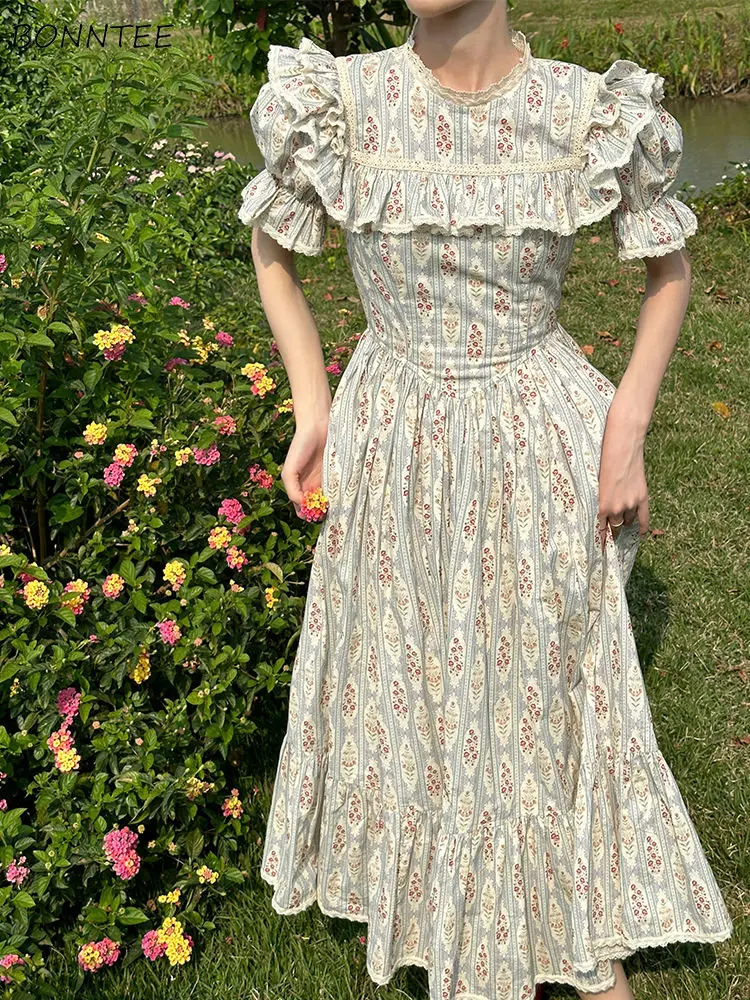 

Dresses Women Retro Puff Sleeve Streetwear Romantic Popular European Style Simple Printing Summer Elegant O-neck Sweet Design