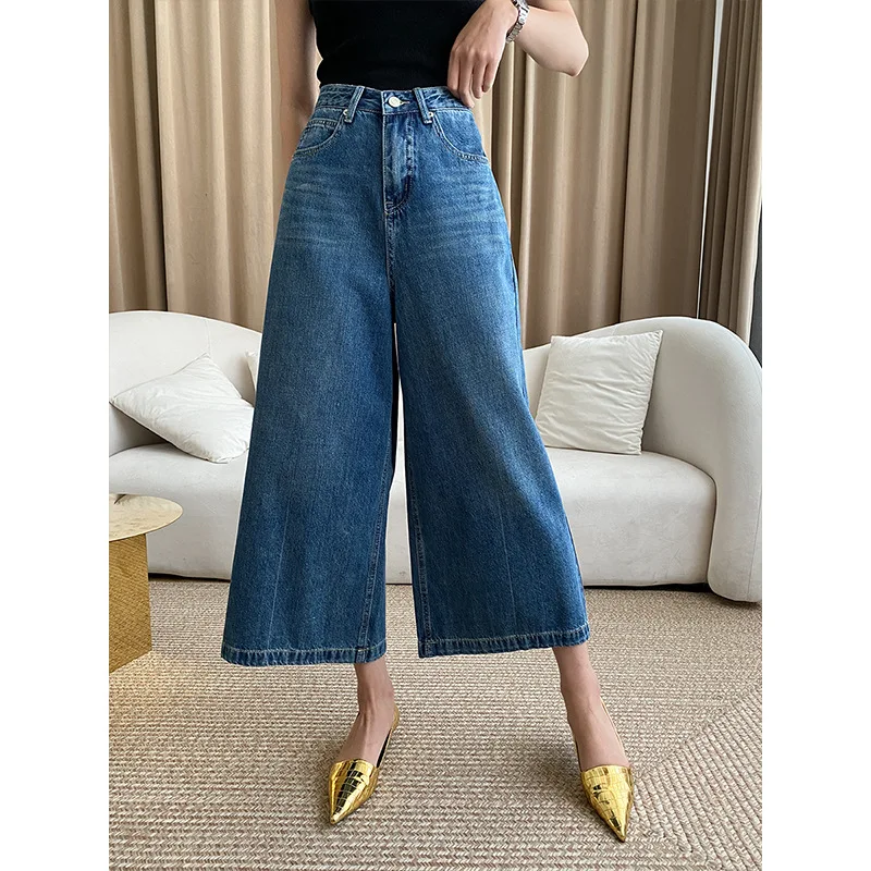 

Blue Color Women Wide Leg Pants Jean High Waist Pockets Loose Trousers Jeans