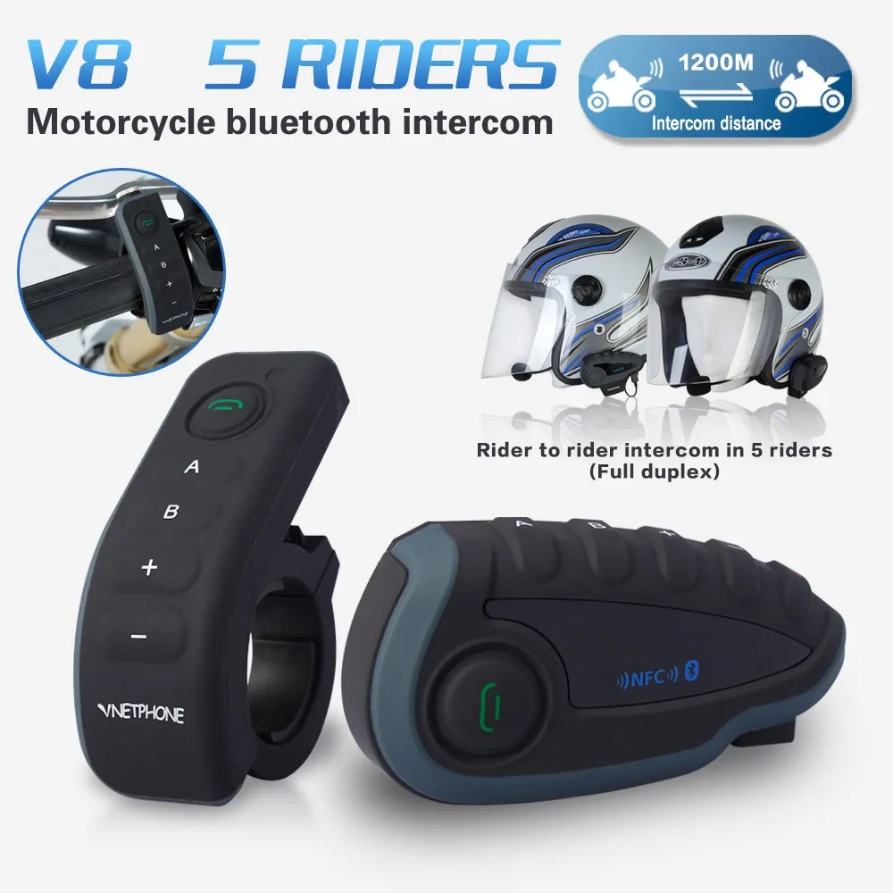 V8 Motorcycle Helmet Headset 1200M Bluetooth Intercom GPS Headset for 5 Riders NFC Remote Control FM Radio Stereo Music Earphone