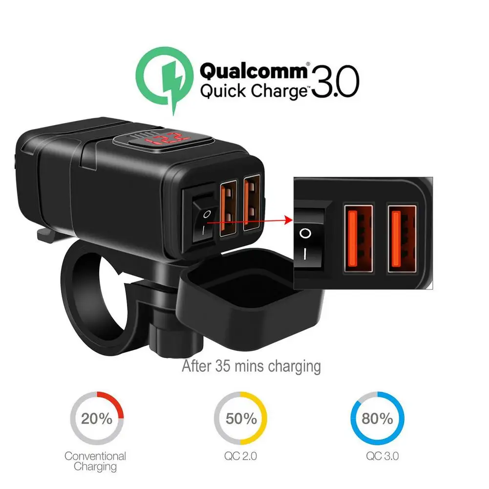 

Car Mobile Phone Charger Waterproof Dual USB QC 3.0 Quick Charge Suitable For DC12V Cars, Motorcycles, ATVs, SUVs, Boats