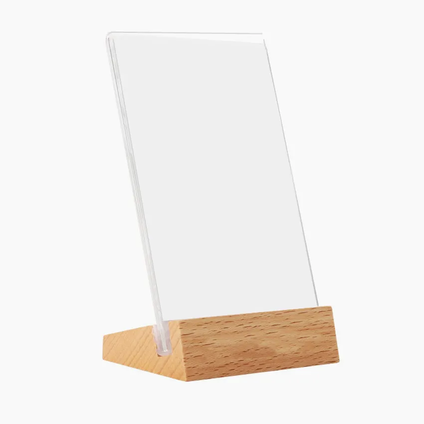 Plastic Acrylic L Stands Frame Display Card Label Sign with Wood Base on Table Holder Transparent Advertising Promotion 5pcs