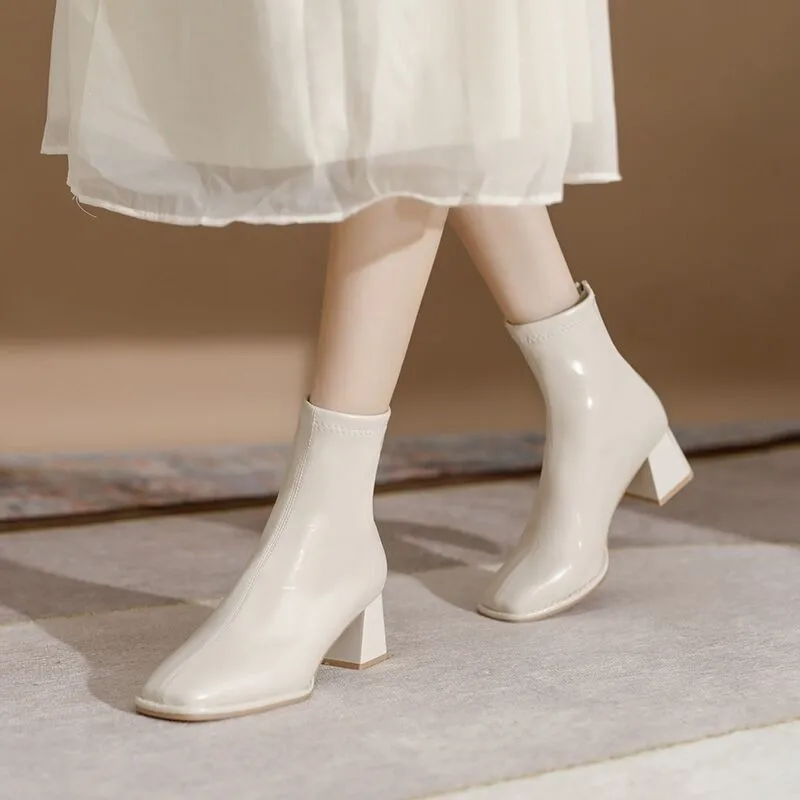 

Женские ботильоны на среднем толстом каблуке, белые, черные или персиковые ботинки с квадратным носком, на молнии, осень 2022