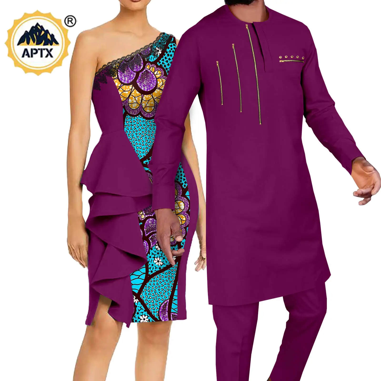 African Couple Clothes Dashiki Summer Women Sexy Lace Slim Draped Dress Match Men Outfits Zipper Shirt and Pants Sets Y22C038