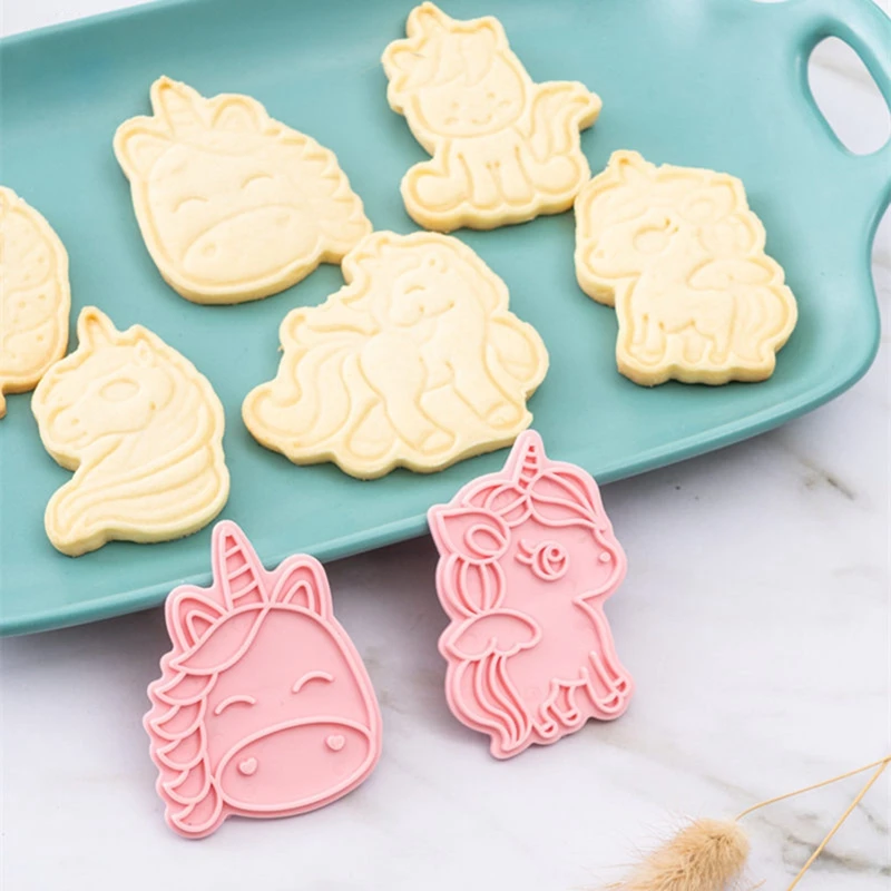 

6Pcs/set Unicorn Shape Cookie Cutters Plastic 3D Cartoon Pressable Biscuit Mold Cookie Stamp Kitchen Baking Pastry Bakeware Tool