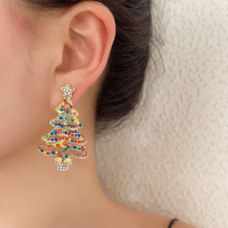 

New european and american christmas fashion exaggerate christmas tree with diamond pearls earrings for women