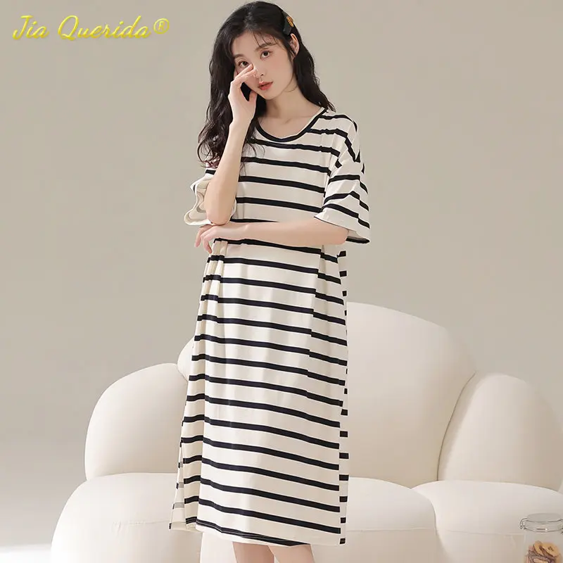 

Летние Ночные рубашки для женщин, свободная Ночная рубашка в полоску с принтом для девочек, с элегантными короткими рукавами, длинные ночные рубашки для женщин