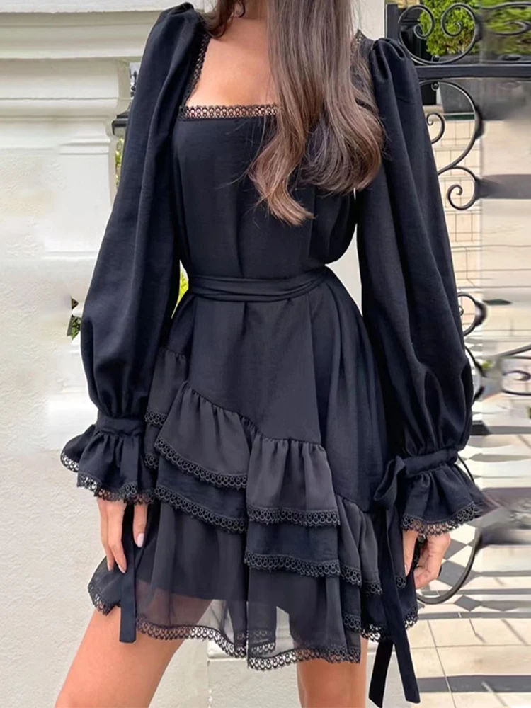 

HIGH STREET Newest 2022 Designer Runway Fashion Women's Square Neck Lantern Sleeve Chiffon Stitched Lace Ruffle Dress