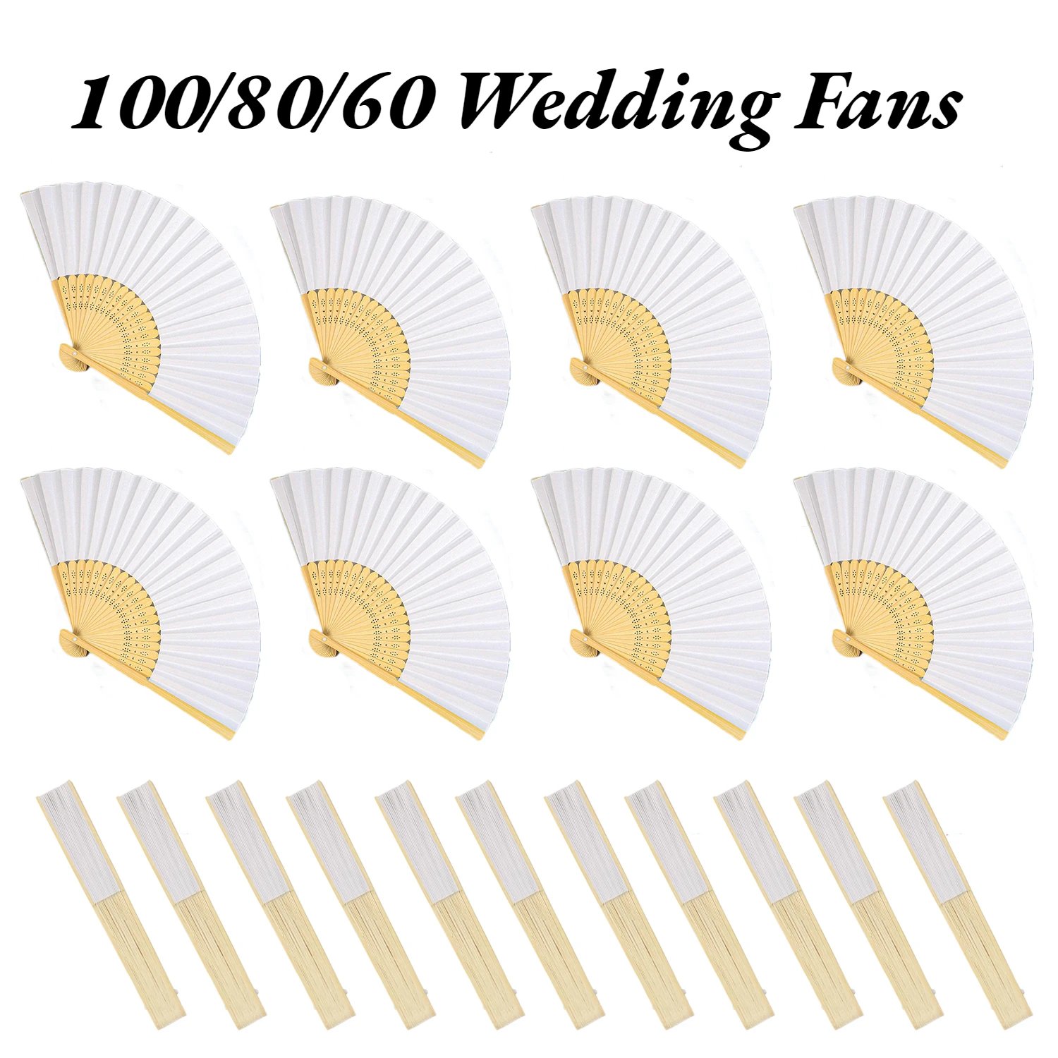 

100/80/60/30Pcs Wedding Hand Fans White Handheld Paper Fans Bamboo Folding Fans for Guest Gift/Home Decoration/Summer Essentials