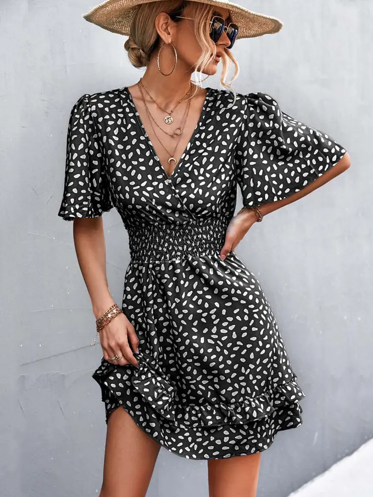 

Летнее платье в горошек с оборками, Женские Короткие вечерние платья с V-образным вырезом, женское ТРАПЕЦИЕВИДНОЕ ПЛАТЬЕ С Коротким Рукавом,...