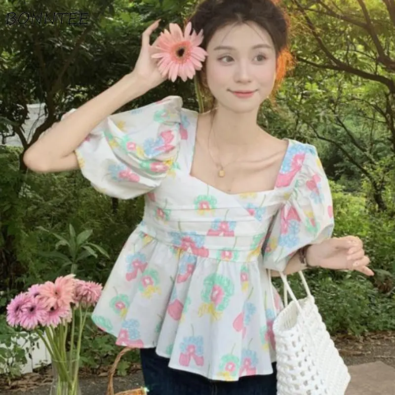 

Блузка женская с квадратным вырезом, шикарная Повседневная универсальная нежная с цветочным принтом, с рукавами-фонариками, в Корейском стиле, для студентов, лето