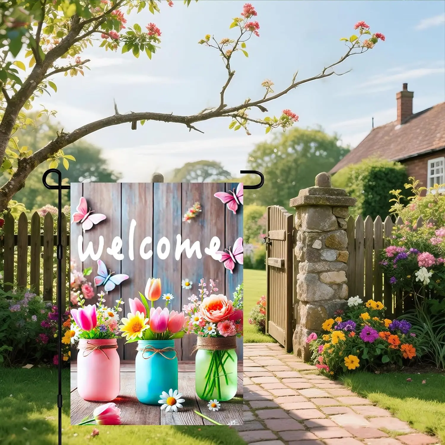 Фото Флаг IVN Spring Garden 12x18 дюймов, двусторонний, для улицы, сезонный, с цветочными горшками и бабочками, для WZZ №2
