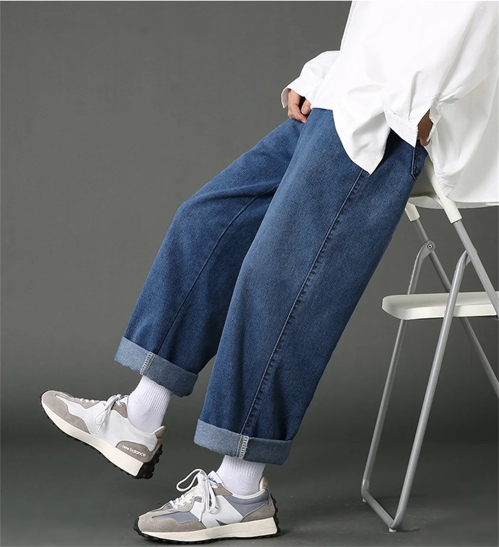 New Autumn Men Denim Wide-leg Pants Korean Style Straight Light Blue Baggy Jeans Elastic Waist Student Trousers Male Black Gray