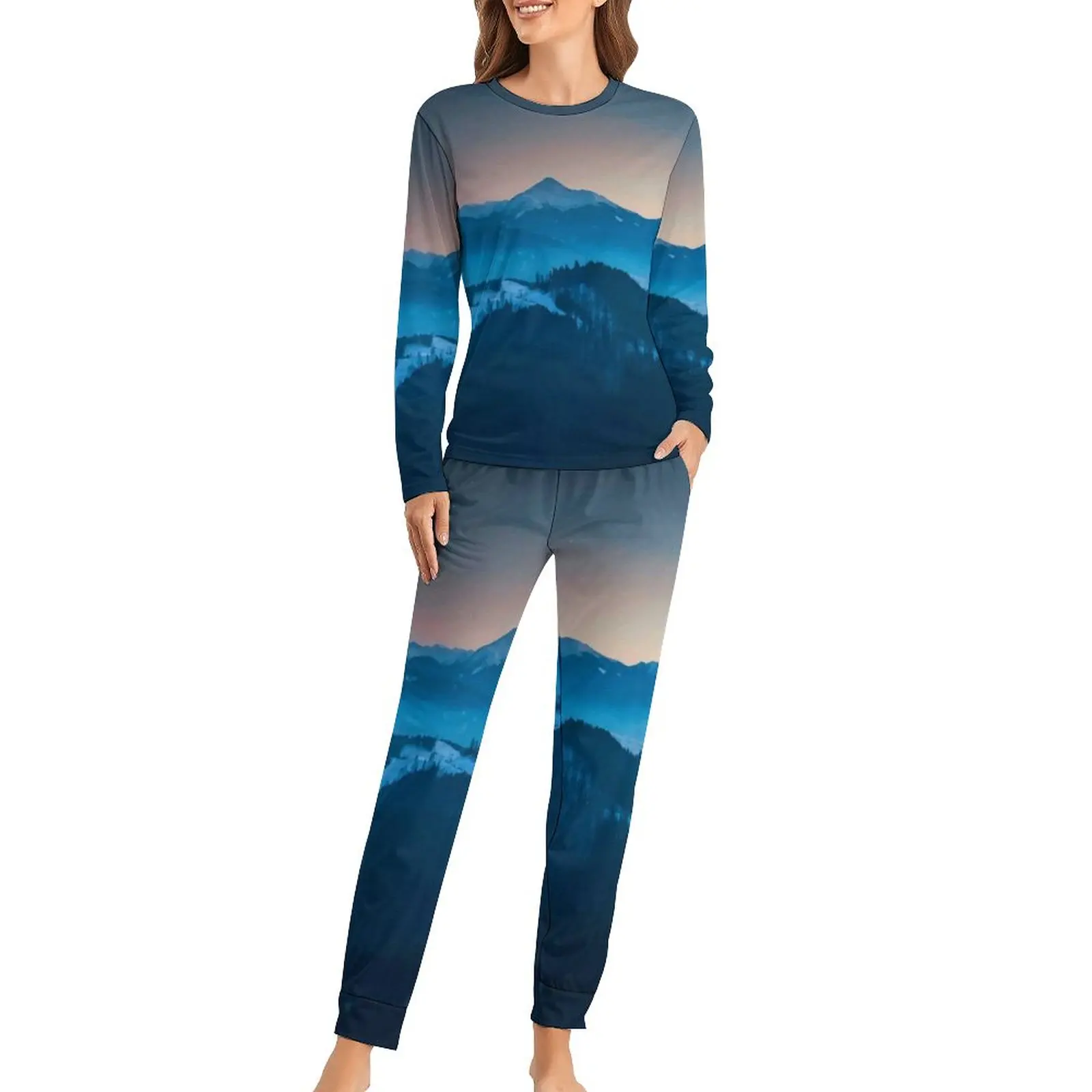 

Foggy Mountains Panorama Pajamas Nature Landscape Long Sleeves Elegant Pajama Sets 2 Piece Casual Loose Oversize Nightwear
