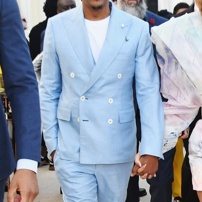 Мужской двубортный смокинг для жениха светильник-Голубой пиджак с лацканами