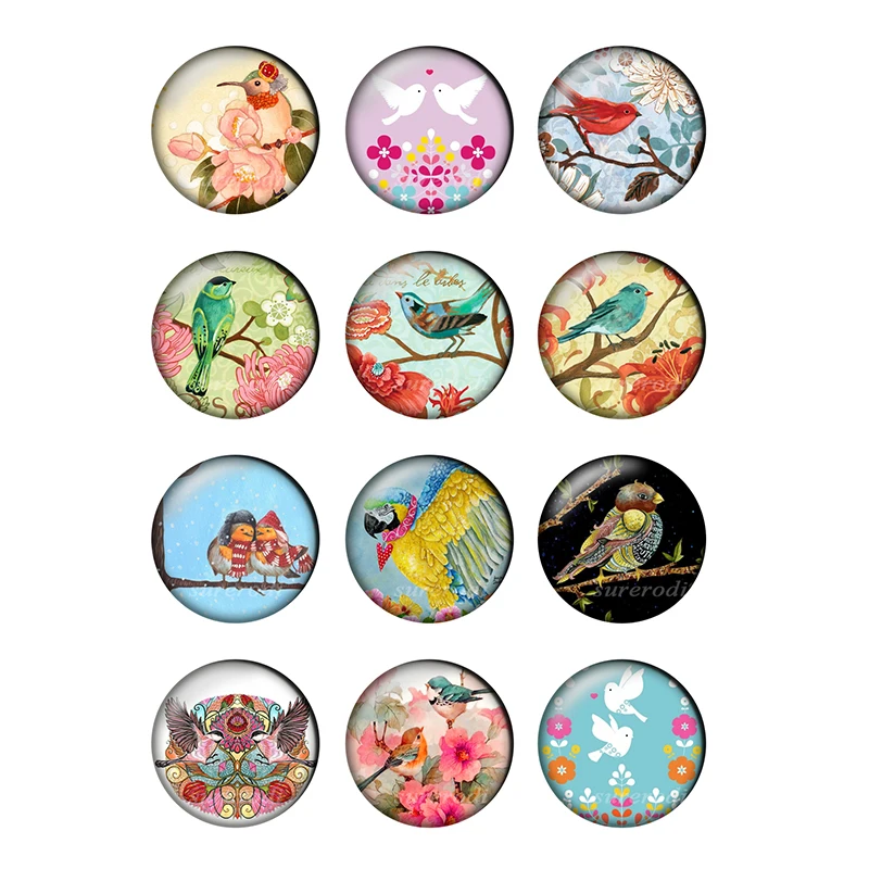 

24pcs/lot Flowers & Birds Pattern Glass Cabochons 10mm 12mm 16mm 25mm Flat Back DIY Jewelry Making Findings & Components T180