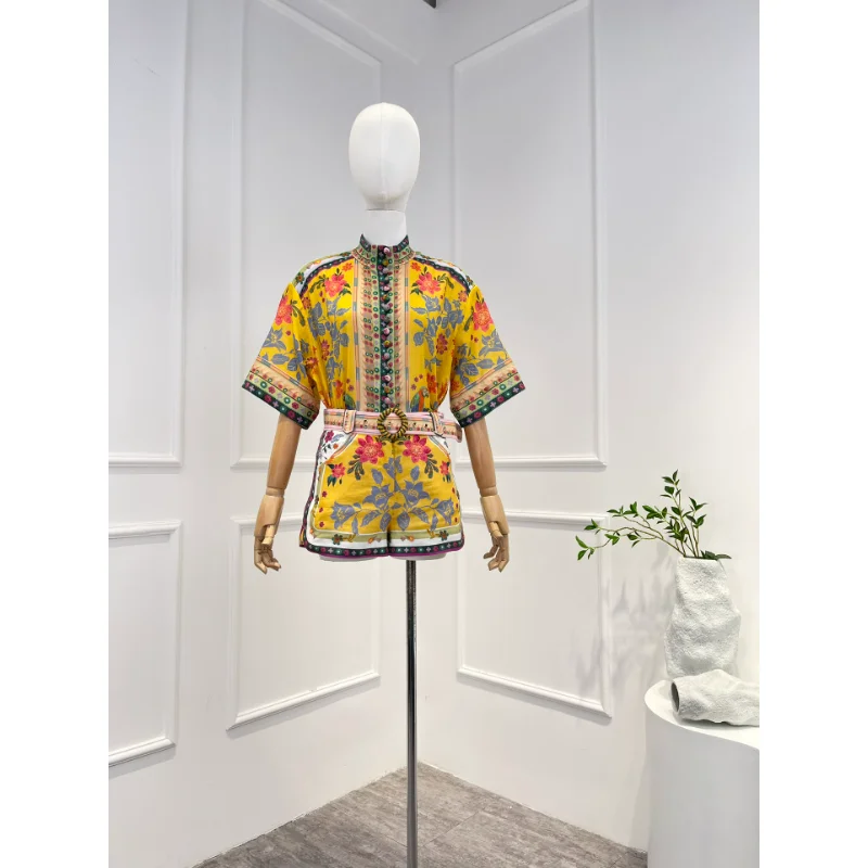 

2023 New Arrivals Vintage High Quality Floral Printing Knitted Buttons Blouse Shorts with Belt Two Piece Sets