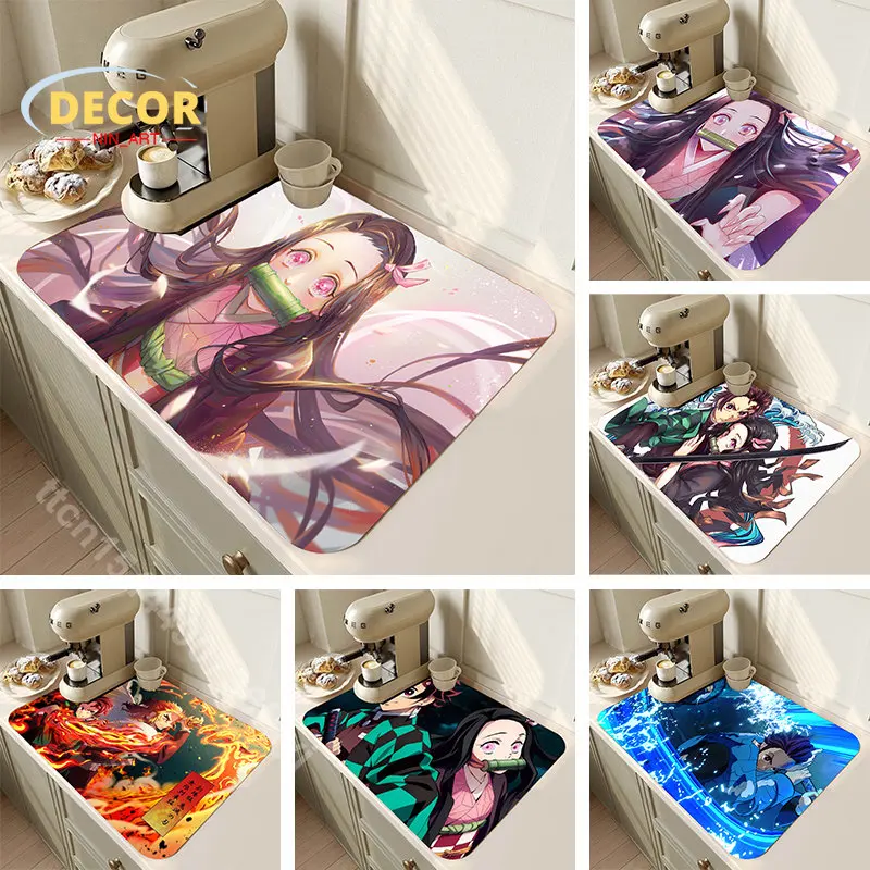 

Hot Anime Demon Slayer Drain Pad Silicone Dish Drying Mat Super Absorbent Drainer Mats Kitchen Tableware Coffee Draining Pads