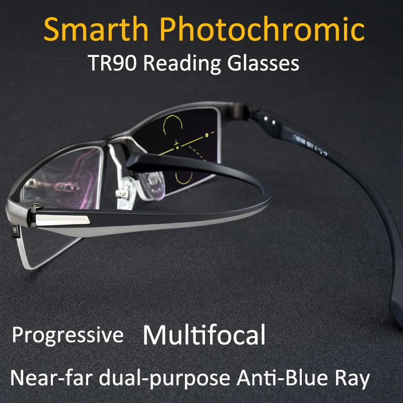 

New Tr90 Transition Photochromic Progressive Reading Glasses Men Half-Frame Multifocal Anti-Blue Ray Finished Glasses +2.5 +4.0