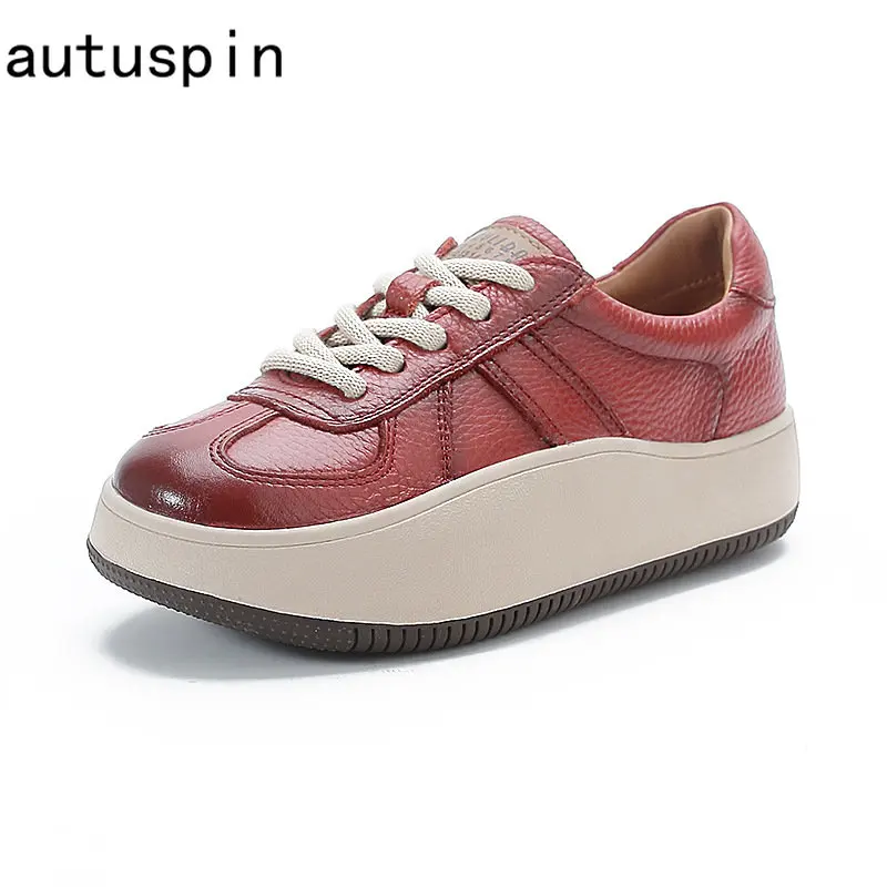 Autuspin Red Sports Shoes Women Spring Summer Retro Cow Leather Chunky Low Heels Round Toe Working Office Lady Shoes Size 35-40