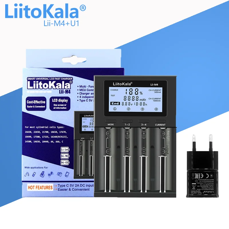 

Зарядное устройство LiitoKala Lii-M4, 1,2 В–3,7 В, для аккумуляторов AA, AAA, 18650, 26650, 16340, 14500, 10440, 18500, разъем Type C, сенсорный экран