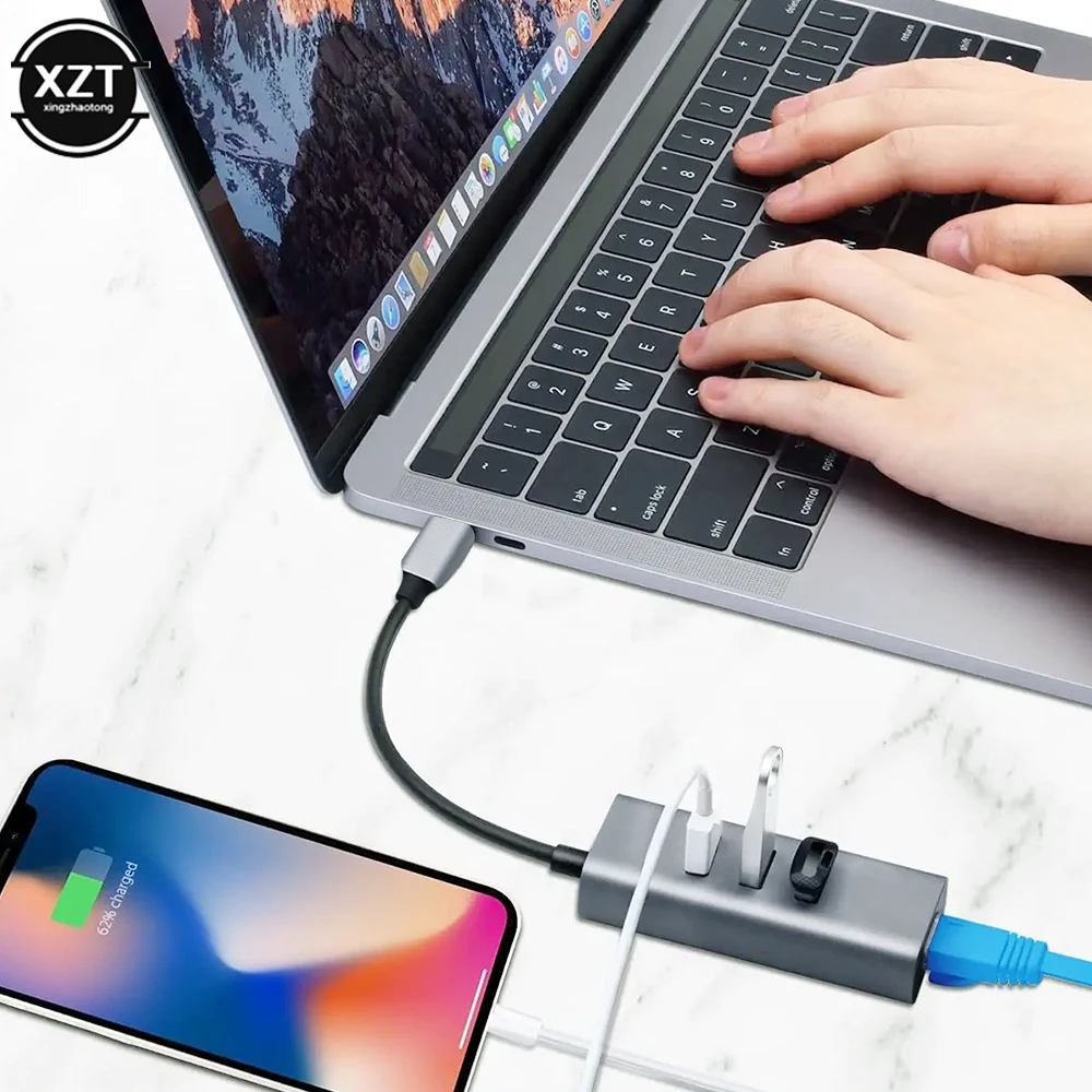 USB C Ethernet with 3 Port USB HUB 3.0 RJ45 Lan Network Card USB to Ethernet Adapter for Mac iOS Android PC RTL8153 USB 3.0 HUB images - 6