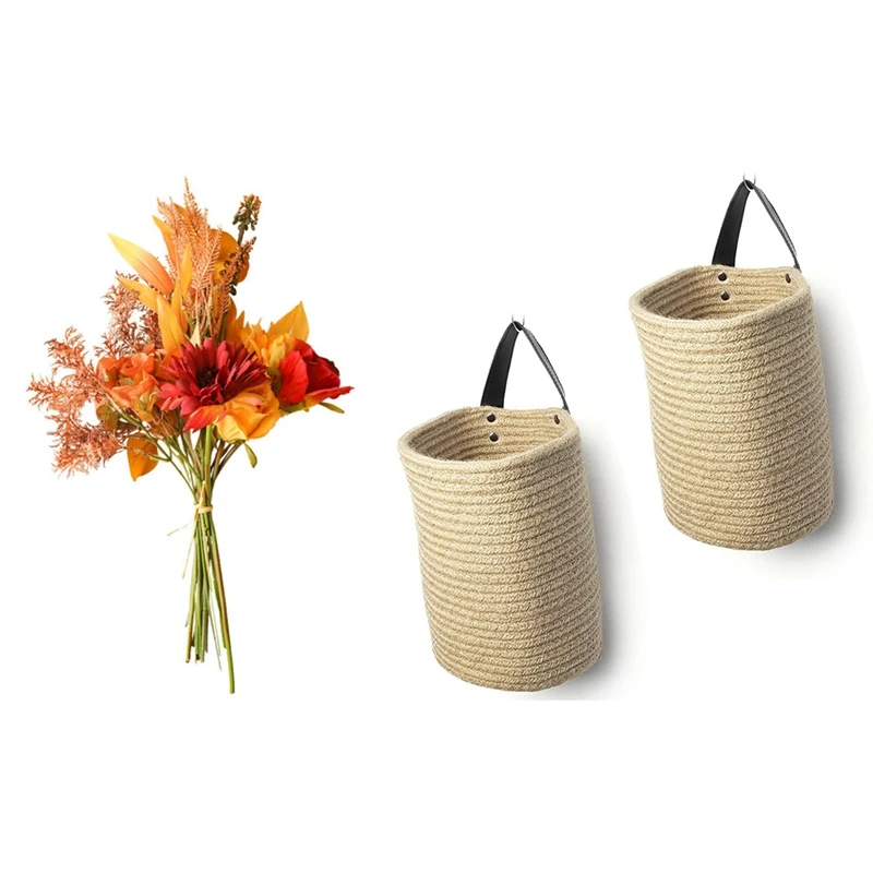 

INS Wind Autumn Color Simulation Bouquet Fake Flowers With Jute Hanging Storage Basket - Jute Rope Woven Storage Bins