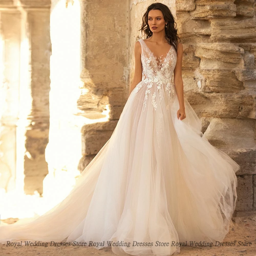 

High Quality A Line Wedding Dresses Print Sleeveless Open Beck V Neck Tulle 2022 Brush Summer Floor Length Gowns Robe De Ma