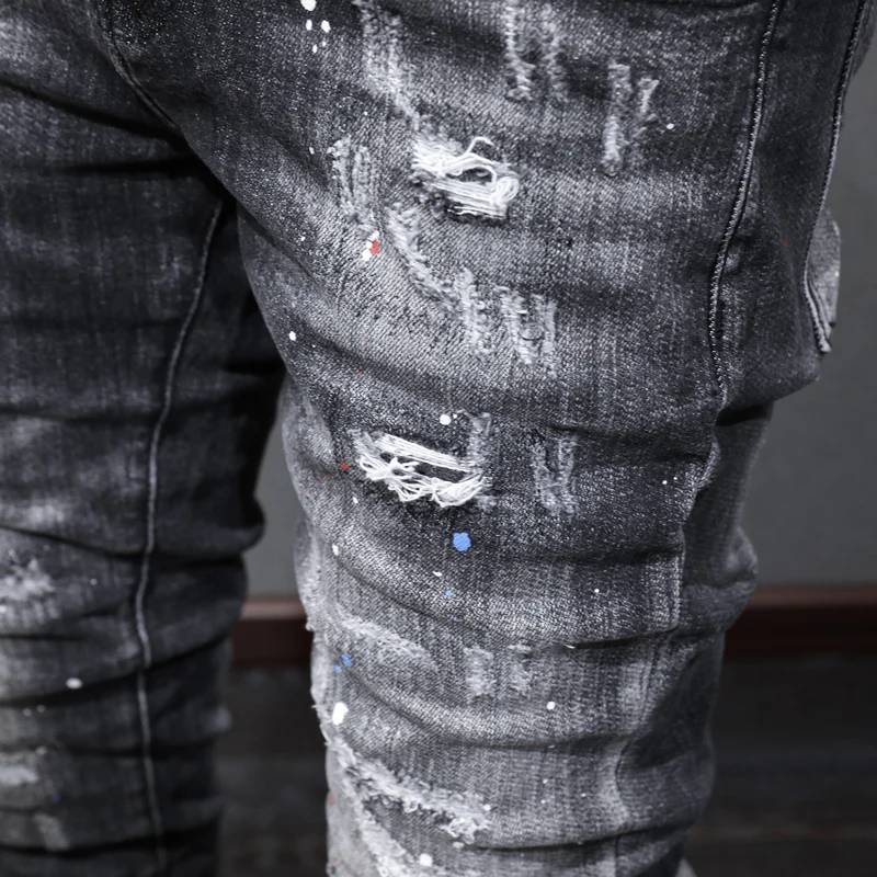 Модные дизайнерские мужские черные серые джинсы потертые эластичные облегающие