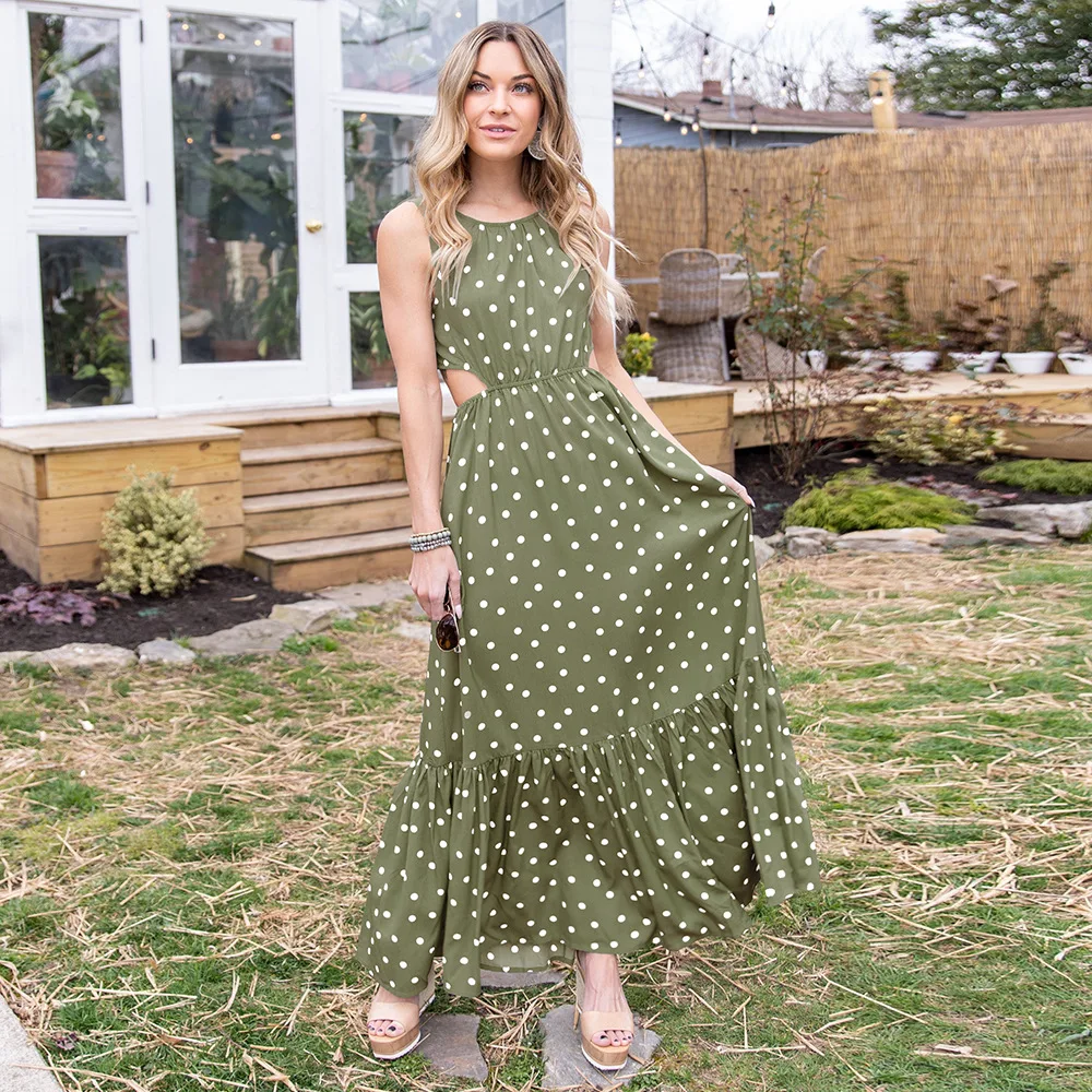 

Fdfklak 2022 Spring Summer New Sexy Polka Dot Backless Strappy Dress Casual Elegant Temperament Beach Long Dress Women Elegant