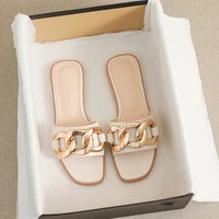 square toe slippers women gold chain summer sandals for women casual flat slides ladies flip flops sandalias mujer verano 2022