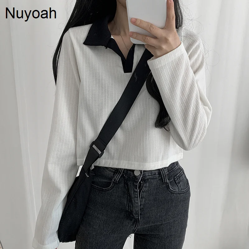 

Пуловер женский в Корейском стиле, простой базовый Свободный Повседневный Топ с воротником-поло, Nuyoah