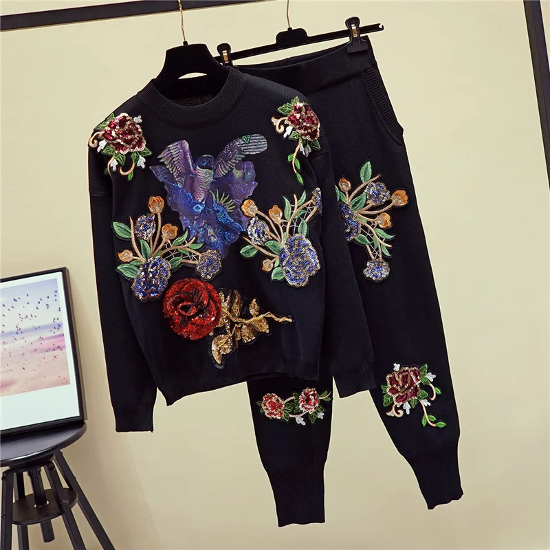 

Handmade Sequin Flowers Bird Print Knitted Tracksuit Sets Women O Neck Knit Tops Pencil Pants Casual 2pc Outfits Knitwear Female