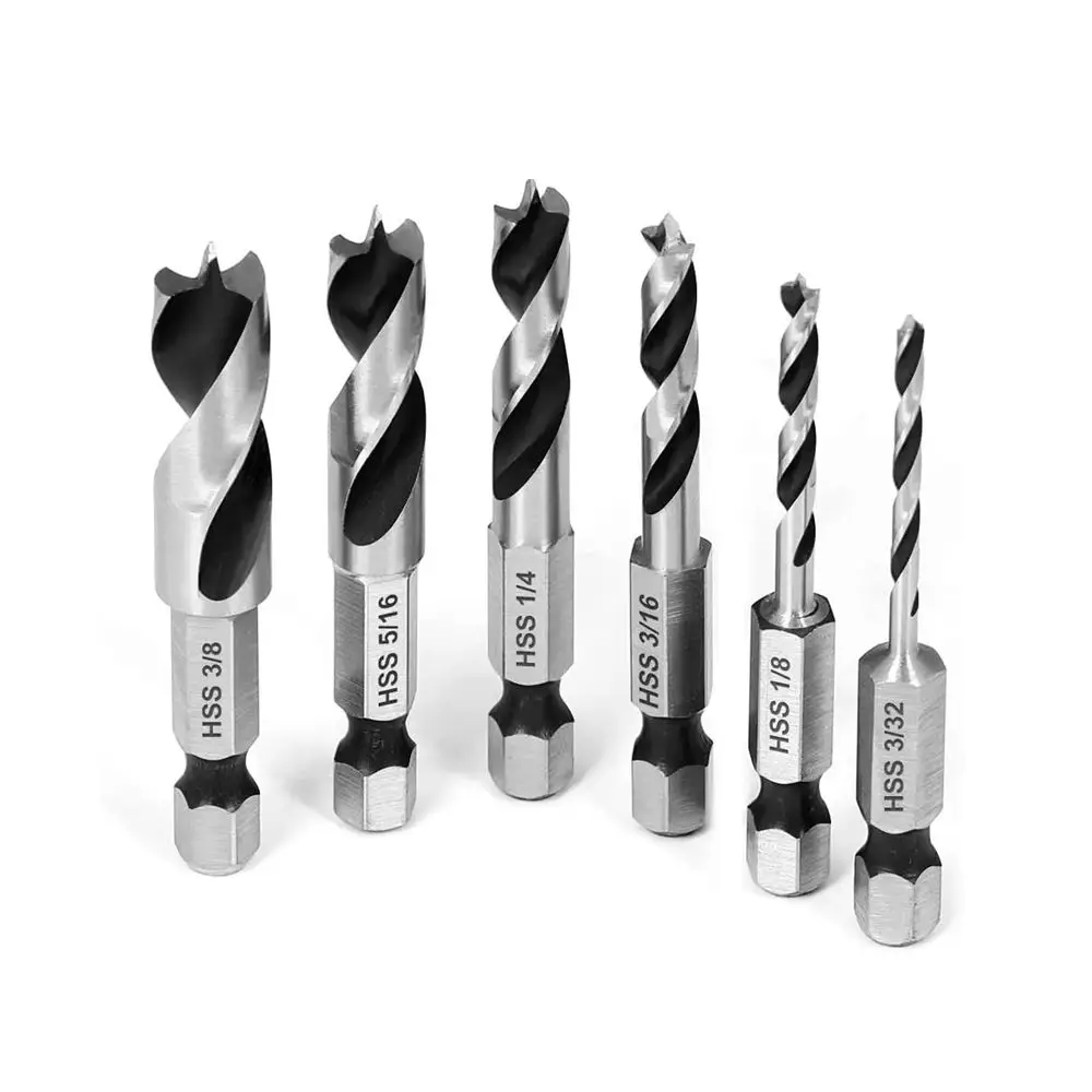 Фото Набор из 6 коротких сверл HSS SAE Brad Point с быстросменным шестигранным хвостовиком 3/32-3/8 дюйма (1/4 дюйма) для твердых и мягких пород дерева, ЧПУ №4