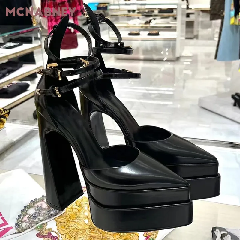 Black Super High-Heeled Platform Pumps Pointed Toe Chunky Heel Fashion Baotou Sandals Niche Ankle Buckle Sexy Women's Shoes