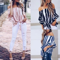 fashion women sexy striped off shoulder shirt blouse ladies tops flare sleeve shirts camisas blusa mujer